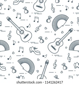 Seamless pattern with fan, shoes, castanets, notes, guitars. Travel and leisure. Traditional symbols of Spain.