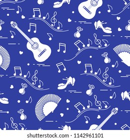 Seamless pattern with fan, shoes, castanets, notes, guitars. Travel and leisure. Traditional symbols of Spain.