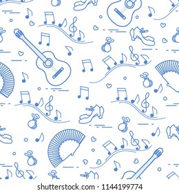 Seamless pattern with fan, shoes, castanets, notes, guitars. Travel and leisure. Traditional symbols of Spain.
