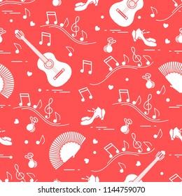 Seamless pattern with fan, shoes, castanets, notes, guitars. Travel and leisure. Traditional symbols of Spain.