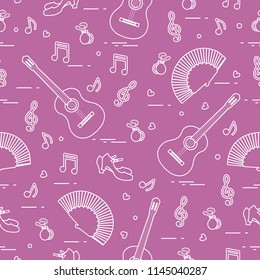 Seamless pattern with fan, shoes, castanets, notes, guitars. Travel and leisure. Traditional symbols of Spain.