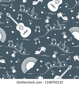 Seamless pattern with fan, shoes, castanets, notes, guitars. Travel and leisure. Traditional symbols of Spain.