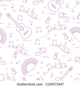 Seamless pattern with fan, shoes, castanets, notes, guitars. Travel and leisure. Traditional symbols of Spain.