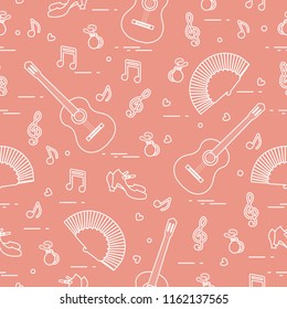 Seamless pattern with fan, shoes, castanets, notes, guitars. Travel and leisure. Traditional symbols of Spain.