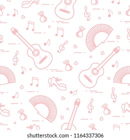 Seamless pattern with fan, shoes, castanets, notes, guitars. Travel and leisure. Traditional symbols of Spain.