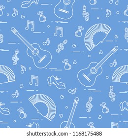 Seamless pattern with fan, shoes, castanets, notes, guitars. Travel and leisure. Traditional symbols of Spain.