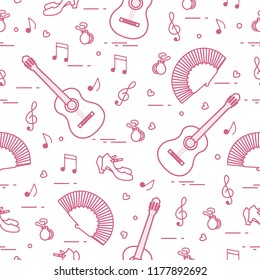 Seamless pattern with fan, shoes, castanets, notes, guitars. Travel and leisure. Traditional symbols of Spain.