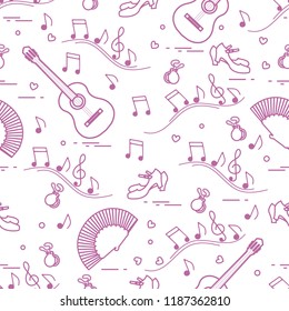 Seamless pattern with fan, shoes, castanets, notes, guitars. Travel and leisure. Traditional symbols of Spain.