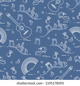 Seamless pattern with fan, shoes, castanets, notes, guitars. Travel and leisure. Traditional symbols of Spain.