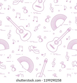 Seamless pattern with fan, shoes, castanets, notes, guitars. Travel and leisure. Traditional symbols of Spain.