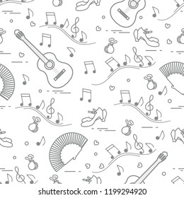 Seamless pattern with fan, shoes, castanets, notes, guitars. Travel and leisure. Traditional symbols of Spain.