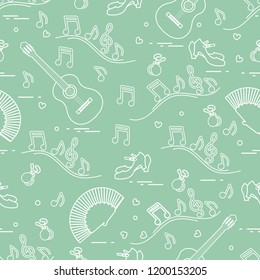 Seamless pattern with fan, shoes, castanets, notes, guitars. Travel and leisure. Traditional symbols of Spain.