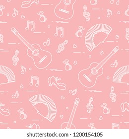 Seamless pattern with fan, shoes, castanets, notes, guitars. Travel and leisure. Traditional symbols of Spain.