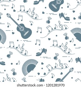 Seamless pattern with fan, shoes, castanets, notes, guitars. Travel and leisure. Traditional symbols of Spain.