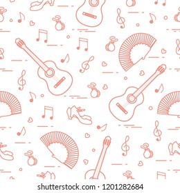 Seamless pattern with fan, shoes, castanets, notes, guitars. Travel and leisure. Traditional symbols of Spain.