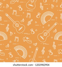 Seamless pattern with fan, shoes, castanets, notes, guitars. Travel and leisure. Traditional symbols of Spain.
