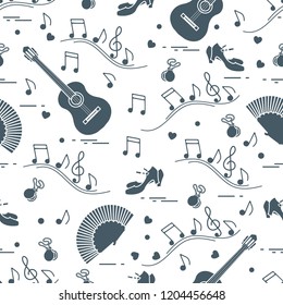 Seamless pattern with fan, shoes, castanets, notes, guitars. Travel and leisure. Traditional symbols of Spain.