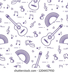 Seamless pattern with fan, shoes, castanets, notes, guitars. Travel and leisure. Traditional symbols of Spain.