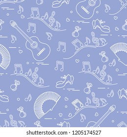 Seamless pattern with fan, shoes, castanets, notes, guitars. Travel and leisure. Traditional symbols of Spain.