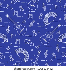 Seamless pattern with fan, shoes, castanets, notes, guitars. Travel and leisure. Traditional symbols of Spain.