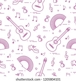 Seamless pattern with fan, shoes, castanets, notes, guitars. Travel and leisure. Traditional symbols of Spain.