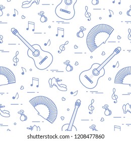 Seamless pattern with fan, shoes, castanets, notes, guitars. Travel and leisure. Traditional symbols of Spain.