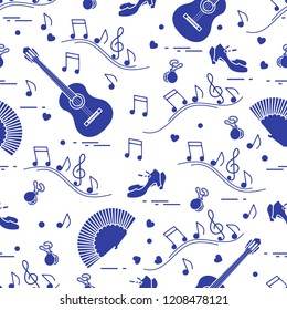 Seamless pattern with fan, shoes, castanets, notes, guitars. Travel and leisure. Traditional symbols of Spain.