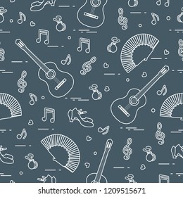 Seamless pattern with fan, shoes, castanets, notes, guitars. Travel and leisure. Traditional symbols of Spain.