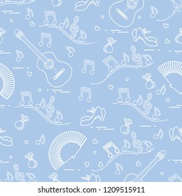 Seamless pattern with fan, shoes, castanets, notes, guitars. Travel and leisure. Traditional symbols of Spain.
