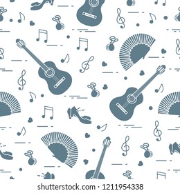 Seamless pattern with fan, shoes, castanets, notes, guitars. Travel and leisure. Traditional symbols of Spain.
