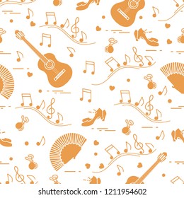 Seamless pattern with fan, shoes, castanets, notes, guitars. Travel and leisure. Traditional symbols of Spain.