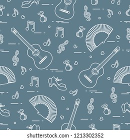Seamless pattern with fan, shoes, castanets, notes, guitars. Travel and leisure. Traditional symbols of Spain.
