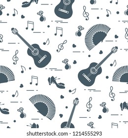 Seamless pattern with fan, shoes, castanets, notes, guitars. Travel and leisure. Traditional symbols of Spain.