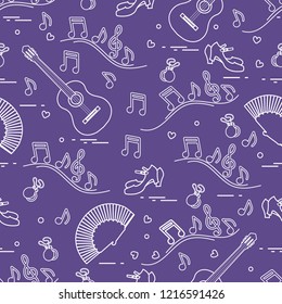 Seamless pattern with fan, shoes, castanets, notes, guitars. Travel and leisure. Traditional symbols of Spain.