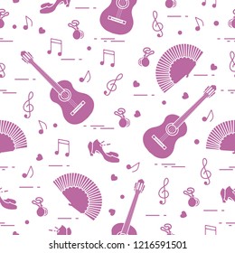 Seamless pattern with fan, shoes, castanets, notes, guitars. Travel and leisure. Traditional symbols of Spain.