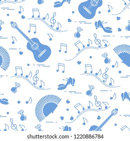Seamless pattern with fan, shoes, castanets, notes, guitars. Travel and leisure. Traditional symbols of Spain.