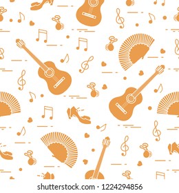 Seamless pattern with fan, shoes, castanets, notes, guitars. Travel and leisure. Traditional symbols of Spain.