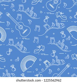 Seamless pattern with fan, shoes, castanets, notes, guitars. Travel and leisure. Traditional symbols of Spain.
