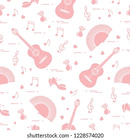 Seamless pattern with fan, shoes, castanets, notes, guitars. Travel and leisure. Traditional symbols of Spain.