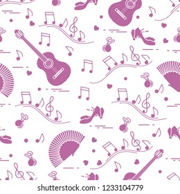 Seamless pattern with fan, shoes, castanets, notes, guitars. Travel and leisure. Traditional symbols of Spain.