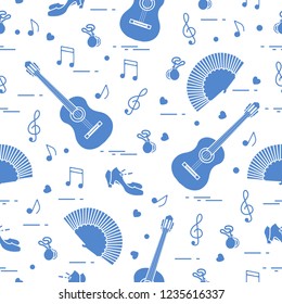 Seamless pattern with fan, shoes, castanets, notes, guitars. Travel and leisure. Traditional symbols of Spain.