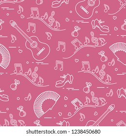 Seamless pattern with fan, shoes, castanets, notes, guitars. Travel and leisure. Traditional symbols of Spain.