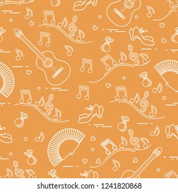 Seamless pattern with fan, shoes, castanets, notes, guitars. Travel and leisure. Traditional symbols of Spain.