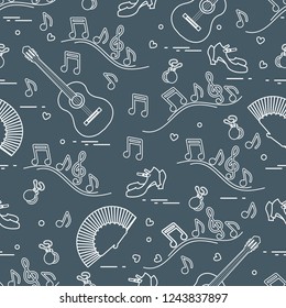 Seamless pattern with fan, shoes, castanets, notes, guitars. Travel and leisure. Traditional symbols of Spain.