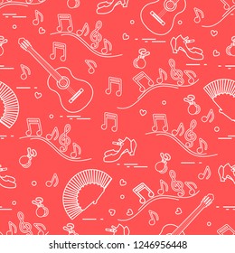 Seamless pattern with fan, shoes, castanets, notes, guitars. Travel and leisure. Traditional symbols of Spain.
