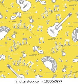 Seamless Pattern With Fan, Shoes, Castanets, Notes, Guitars. Travel And Leisure. Traditional Symbols Of Spain. Illuminating And Ultimate Gray.