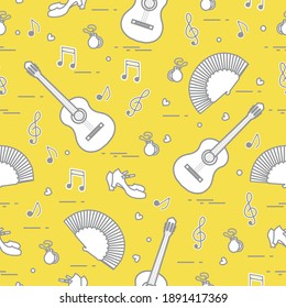 Seamless Pattern With Fan, Shoes, Castanets, Notes, Guitars. Travel And Leisure. Traditional Symbols Of Spain. Illuminating And Ultimate Gray.