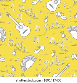 Seamless Pattern With Fan, Shoes, Castanets, Notes, Guitars. Travel And Leisure. Traditional Symbols Of Spain. Illuminating And Ultimate Gray.