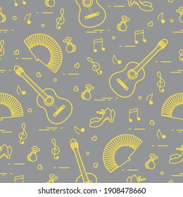 Seamless Pattern With Fan, Shoes, Castanets, Notes, Guitars. Travel And Leisure. Traditional Symbols Of Spain. Illuminating And Ultimate Gray.