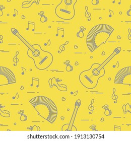 Seamless Pattern With Fan, Shoes, Castanets, Notes, Guitars. Travel And Leisure. Traditional Symbols Of Spain. Illuminating And Ultimate Gray.